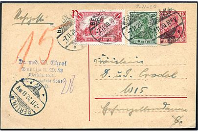 10 pfg. helsagsbrevkort opfrankeret med 20 pfg. Germania og 1 mk. Hauptpostamt sendt som rørpost i Berlin d. 7.11.1920.