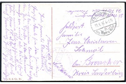 Ufrankeret feltpostkort fra Brugge stemplet K.D.Feldpostamt des Marine-Korps d. 12.8.1916 til Broager. Sendt fra sønderjysk ubådsmand, Hans Jensen,  ved U-Flottillie Flandern. 