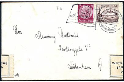 15 pfg. Hindenburg og 15+10 pfg. Winterhilfswerk på brev annulleret med tysk skibsstempel Deutsche Seepost Gjedser - Warnemünde F.b. d. 7.2.1938 til København, Danmark. Åbnet af tysk toldkontrol i Warnemünde.