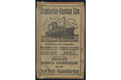 Skandinavisk Amerika Linie. Illustreret stof billetlomme med billed af dampskib og adresser på agenturer i både Amerika og Skandinavien. Ca. 1915.