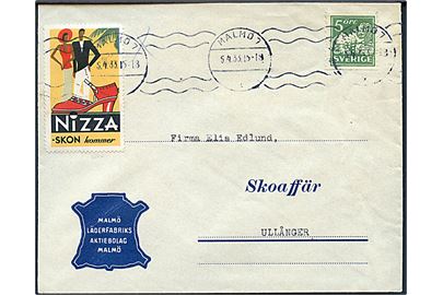 5 öre Løve med perfin M.L. på firmakuvert fra Malmö Läderfabriks A/B med mærkat NIZZA skon kommer sendt som tryksag fra Malmö d. 5.4.1933 til Ullånger.