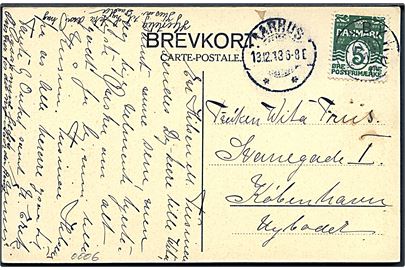 5 øre Bølgelinie på brevkort annulleret med stjernestempel AABYHØJ og sidestemplet Aarhus d. 13.12.1913 til København.