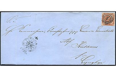 4 sk. 1854 udg. på brev annulleret med nr.stempel 1 og sidestemplet med kompasstempel Kiøbenhavn d. 4.6.1856 til Kammerherrer, Overførster Baron v. Löwenskiöld, Kulhuus pr. Lyngbye.