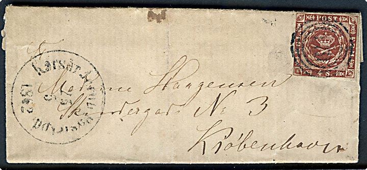 4 sk. 1858 udg. på lille brev annulleret med nr.stempel 179 og sidestemplet Korsör Jernb: Postexpd: d. 25.5.1862 til Kjøbenhavn.