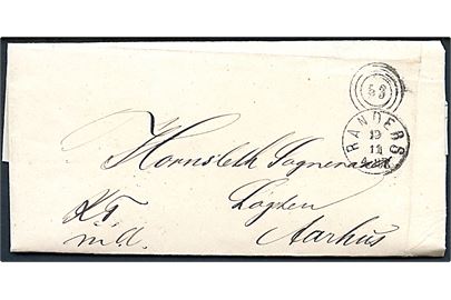 1870. Ufrankeret tjenestebrev mærket K.T.m.A. fra Randers Amthuus med kombineret nr.stempel 53/Randers d. 19.11.1870 til Hornslet Sogneraad, Løgten pr. Aarhus. 