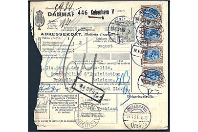 50 øre og 1 kr. (4-stribe) Chr. X på internationalt adressekort for pakke fra København d. 14.4.1934 via Köln til Bruxelles, Belgien.
