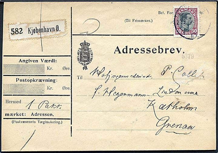 50 øre Chr. X single på adressebrev for pakke fra Kjøbenhavn d. 29.3.1919 til Katholm pr. Grenaa.