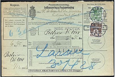 5 øre Bølgelinie og 25 øre Chr. X på lokal retur Indkasserings-Postanvisning stemplet Nibe d. 1.12.1926 .