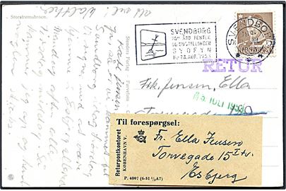 20 øre Fr. IX på brevkort annulleret med TMS Svendborg 700 års festen .../Svendborg d. 11.7.1953 til Esbjerg. Ubekendt og forespurgt via Returpostkontoret med etiket P.4007 (6-51 1/3A7).