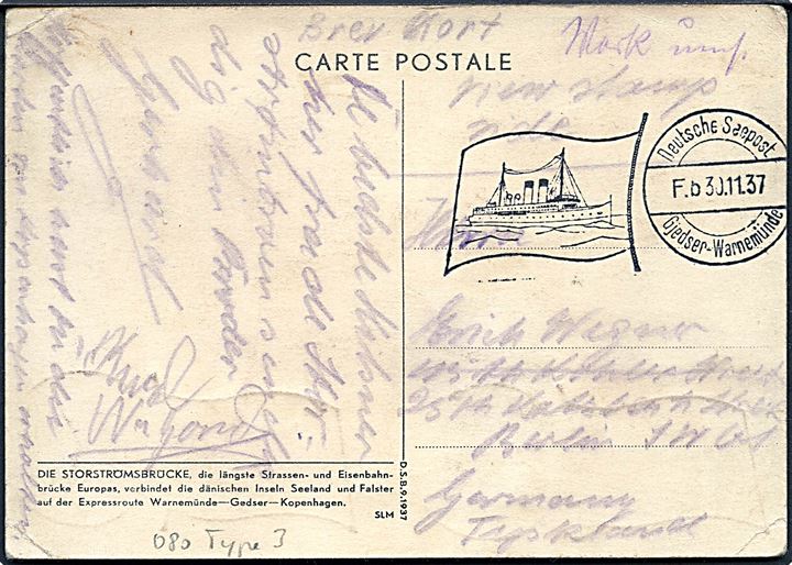 Dansk 10 øre Luftpost og tysk 12+6 pfg. Winter Hilfswerk på billedside af brevkort (Storstrømsbroen) annulleret med tysk skibsstempel Deutsche Seepost Gjedser - Warnemünde F.b. d. 30.11.1937 til Berlin, Tyskland.