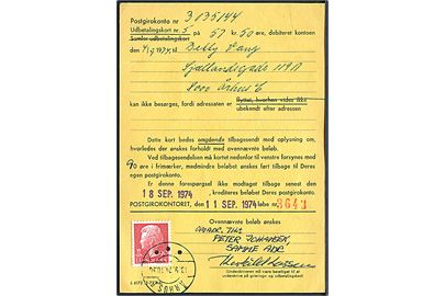 90 øre Margrethe stemplet Århus C d. 13.9.1974 på afsender erklæring fra Postgirokontoret vedr. ubesærgeligt udbetalingekort. Formular S 6172 (5-73 A6).