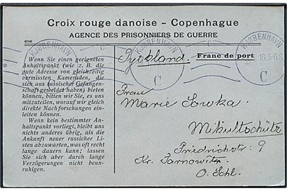 Ufrankeret fortrykt krigsfangekort fra Dansk Røde Kors i Kjøbenhavn d. 8.1.1916 til Mikultschütz, Tyskland. 