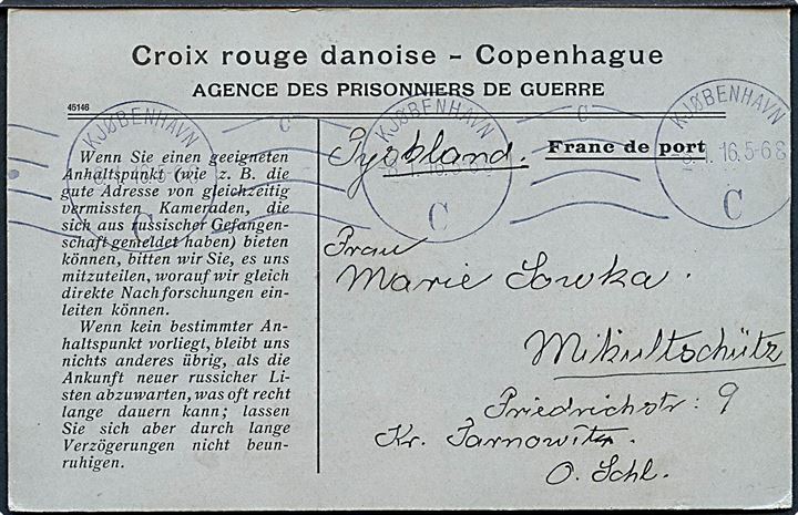 Ufrankeret fortrykt krigsfangekort fra Dansk Røde Kors i Kjøbenhavn d. 8.1.1916 til Mikultschütz, Tyskland. 