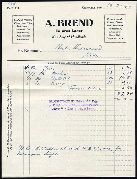 Ufrankeret følgebrev fra godsforsendelse fra firma A. Brend dateret i Thorshavn d. 18.3.1938 til Ejde.