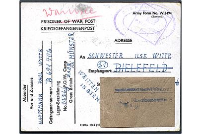 Ufrankeret krigsfangekort fra hauptmann i No. 2226/3 P.O.W. Camp, BAOR via Münster dateret d. 25.11.1945 til Bielefeld - eftersendt. Violet lejrcensur.
