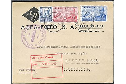 70 cts. Isabel, 25 cts. og 1 pts. Luftpost på luftpostbrev fra Bilbao d. 29.4.1939 til Berlin, Tyskland. Lokal spansk censur fra Bilbao.