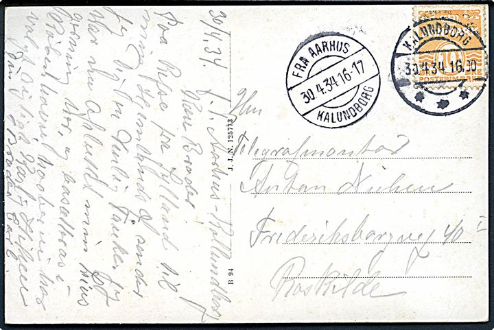 10 øre Bølgelinie på brevkort (M/S Jylland) skrevet ombord på Aarhus-Kalundborg færgen annulleret Kalundborg d. 30.4.1934 og sidestemplet Fra Aarhus / Kalundborg d. 30.4.1934 til Roskilde.