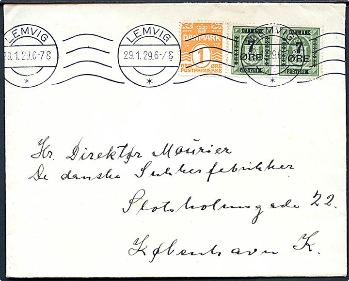 1 øre Bølgelinie og 7/10 øre Provisorium i parstykke på brev fra Lemvig d. 29.1.1929 til København.