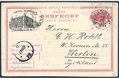 10 öre Tre Kroner illustreret helsagsbrevkort med reklame Hotel Kramer annulleret med bureaustempel PKXP. No. 17 d. 16.10.1887 til Berlin, Tyskland. Rift.