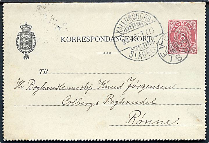 8 øre helsagskorrespondancekort dateret Ubby Præstegaard annulleret med stjernestempel JERSLEV og sidestemplet bureau Kallundborg - Slagelse T.223 d. 25.2.1902 til Rønne, Bornholm.