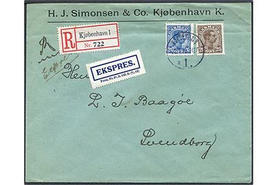 20 øre og 25 øre Chr. X på anbefalet ekspresbrev fra Kjøbenhavn d. 22.1.1919 via Nyborg til Svendborg. Hvid ekspresetiket form. Nr. 97.B.123.B. (8/1 16).