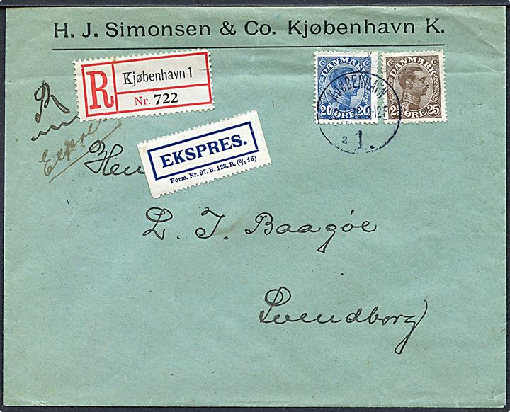 20 øre og 25 øre Chr. X på anbefalet ekspresbrev fra Kjøbenhavn d. 22.1.1919 via Nyborg til Svendborg. Hvid ekspresetiket form. Nr. 97.B.123.B. (8/1 16).