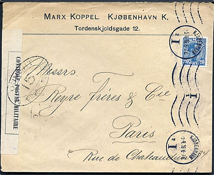 20 øre Chr. X single på brev fra Kjøbenhavn d. 5.4.1916 til Paris, Frankrig. Åbnet af den franske censur i Dieppe med censurstempel no. 15.