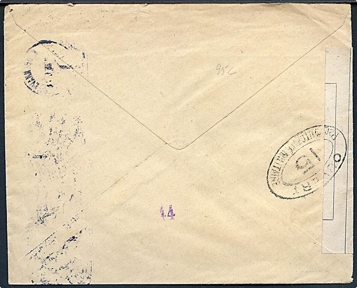 20 øre Chr. X single på brev fra Kjøbenhavn d. 5.4.1916 til Paris, Frankrig. Åbnet af den franske censur i Dieppe med censurstempel no. 15.