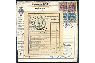 4 øre Bølgelinie i parstykke og 50 øre Fr. VIII (2) på internationalt adressekort fra Kjøbenhavn d. 24.9.1907 via Berlin til Pilsen, Böhmen. Slidt i overkanten.