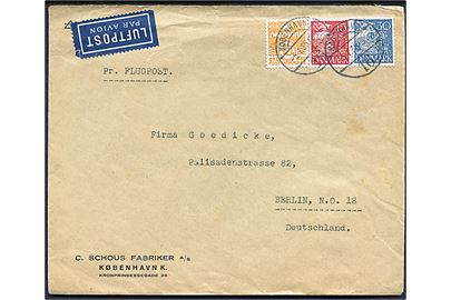10 øre Bølgelinie, 15 øre og 30 øre Karavel med perfin C.S.F. på luftpostbrev fra firma C. Schous Fabriker A/S i København d. 5.1.1935 til Berlin, Tyskland.
