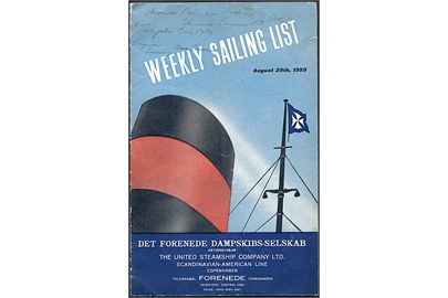 DFDS - Weekly Sailing List 1959. Illustreret sejlplan 18 sider.