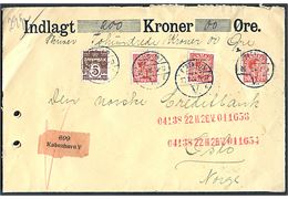 5 øre Bølgelinie og 20 øre Chr. X (3) med perfin Bz på 65 øre frankeret værdibrev fra firma Bergenholz i København d. 20.2.1928 til Oslo, Norge.