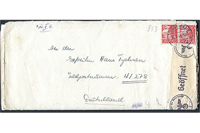 20 øre Karavel (2) på brev med indhold fra Aabenraa d. 26.9.1941 til dansk soldat, Hans Tychsen, ved feldpost nr. 41278 (= 2. Kranken-Kraftwagen-Zug SS-Division Nord). Åbnet af tysk censur i Hamburg.