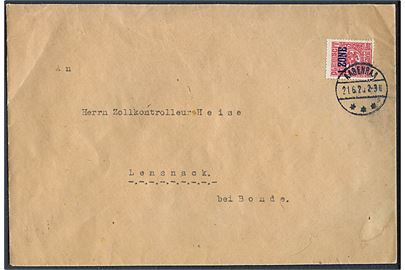 10 øre 1. Zone udg. på brev annulleret med brotype IVb Aabenraa sn2 d. 21.6.1920 til Toldkontrollør Heise, Lensnack pr. Bonde. På bagsiden violet stempel: Commission Internationale Slesvig.