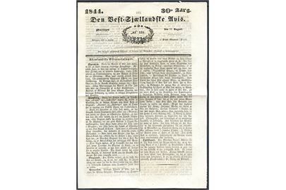 Den Vest-Sjællandske Avis 30. Aarg. No. 124 d. 12.8.1844. Lille avis udgivet i Slagelse. 4 sider.