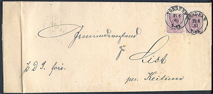 5 pfg. Ciffer i parstykke på frankeret tjenestebrev stemplet Tondern d. 21.6.1881 til List pr. Keitum på Sylt.