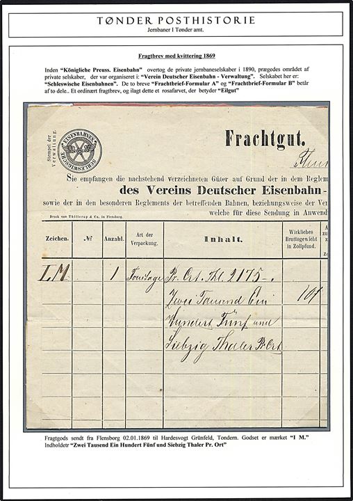 Schleswigsche Eisenbahnen. Fragtgodsbrev for gods sendt fra Flensburg d. 2.1.1869 til Tønder. Monteret på udstillingsplanche.