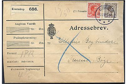 10 øre og 25 øre Chr. X på adressebrev for pakke fra Trunderup Friskole annulleret med brotype IIIb Kværndrup d. 14.5.1918 til Fruens Bøge.