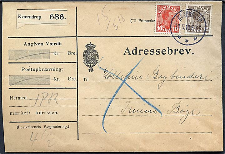 10 øre og 25 øre Chr. X på adressebrev for pakke fra Trunderup Friskole annulleret med brotype IIIb Kværndrup d. 14.5.1918 til Fruens Bøge.