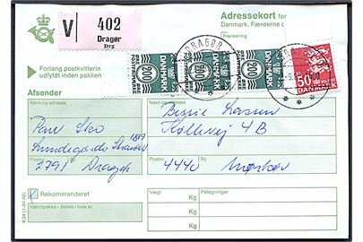 200 øre Bølgelinie i 3-stribe og 50 øre Rigsvåben på adressekort for værdipakke fra Dragør d. 22.9.1988 til Mørkøv.