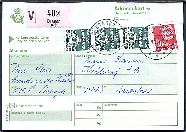 200 øre Bølgelinie i 3-stribe og 50 øre Rigsvåben på adressekort for værdipakke fra Dragør d. 22.9.1988 til Mørkøv.