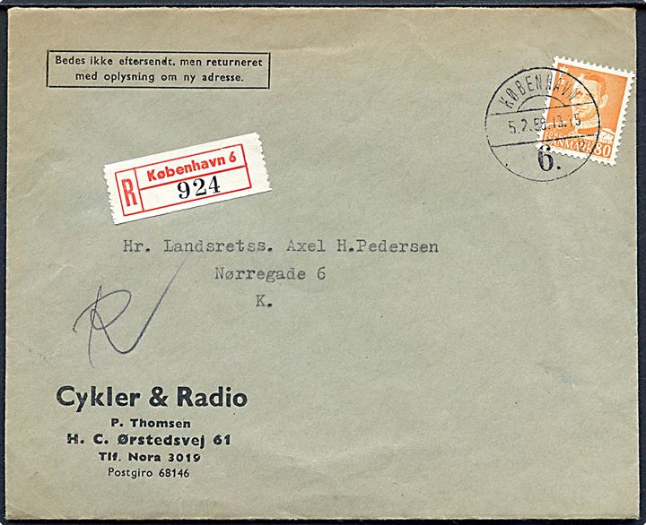 80 øre Fr. IX single på lokalt anbefalet brev i København d. 5.2.1958.