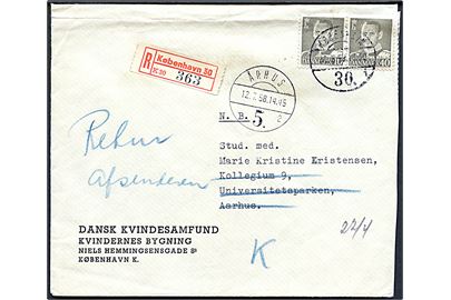 40 øre Fr. IX i parstykke på anbefalet brev fra København d. 30.6.1958 til Århus. Anmeldt og retur som ikke afhentet.