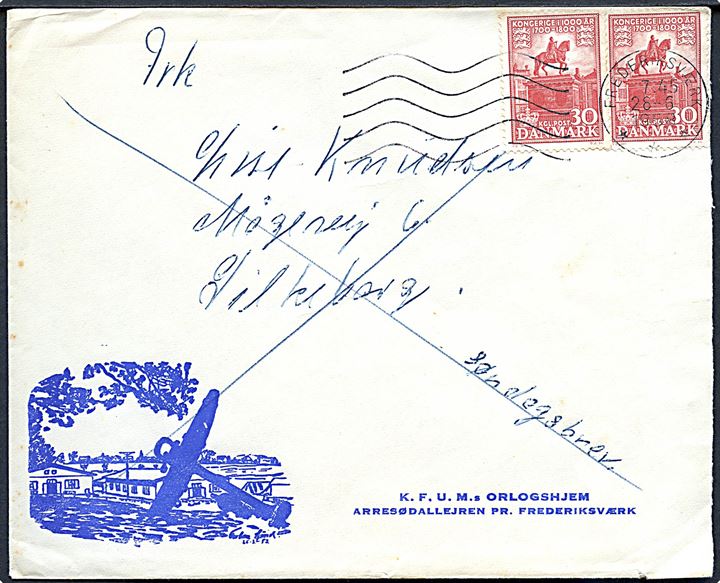 30 øre 1000 års udg. i parstykke på fortrykt kuvert fra KFUMs Orlogshjem Arresødallejren sendt som søndagsbrev fra Frederiksværk d. 28.6.1958 til Silkeborg.