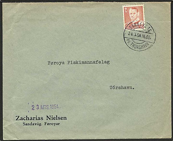 30 øre Fr. IX på brev annulleret med pr.-stempel Sandevaag pr. Thorshavn d. 20.3.1954 til Thorshavn.
