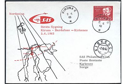 25 öre Nobel på illustreret SAS flyvningskuvert Kiruna-Bardufoss-Kirkenes stemplet Kiruna d. 2.6.1963 til Kirkenes, Norge. Ank.stemplet Kirkenes d. 2.6.1963.