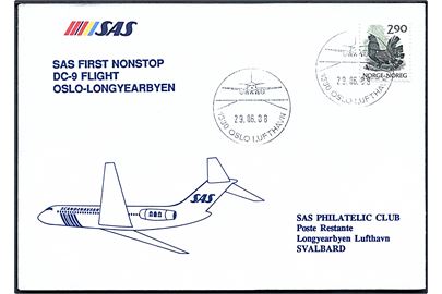 290 øre på illustreret SAS flyvningskuvert stemplet Oslo Lufthavn d. 29.6.1988 til Longyearbyen, Svalbard. 