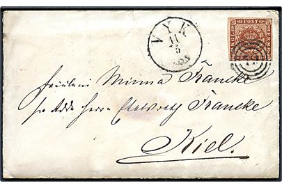 4 sk. 1858 udg. på brev med langt indhold fra Wyk på Föhr annulleret med nr.stempel 79 og sidestemplet antiqua Vyk d. 11.5.1861 til Kiel.