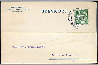 10 öre Løve med perfin O.M. på brevkort fra firma O. Mustad & Son i Göteborg d. 6.7.1927 til Orrefors.