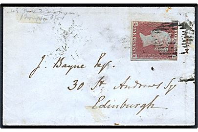 1d Victoria utakket på lille brev annulleret med svagt stempel til Edinburgh. På bagsiden liniestempel Brompton Road, samt både 22.11.1849 og 23.11.1849.